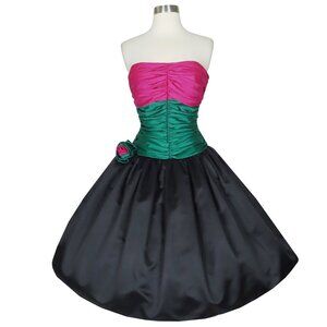 Vintage 80s 50s Pink Green Black Satin Strapless Prom Party Dress XS Extra Small